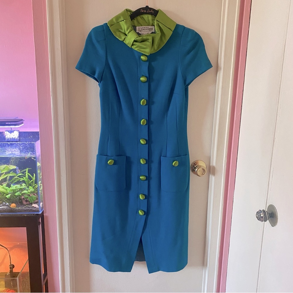 Vintage Paola Quaderetti Firenze Blue Dress with Green Buttons and Collar